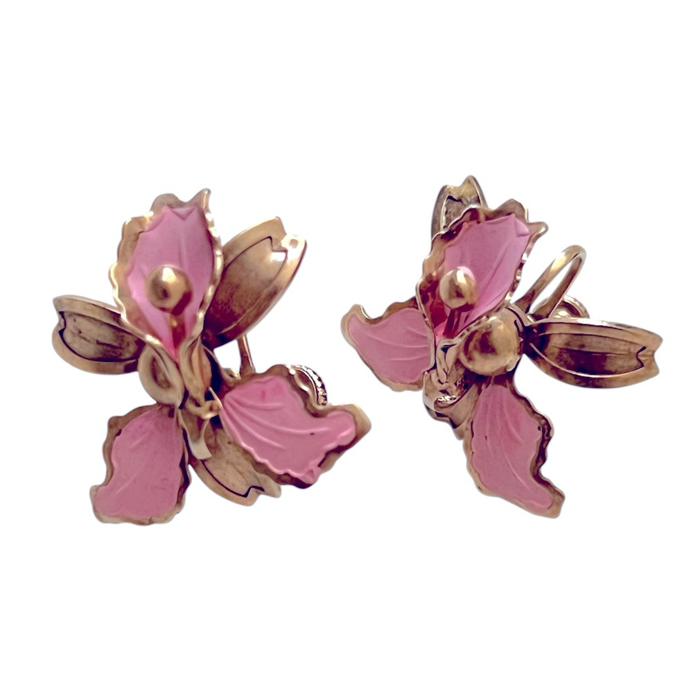 Vintage Screw Back Pink Enamel & Gold Tone Orchid Flower Earrings✨